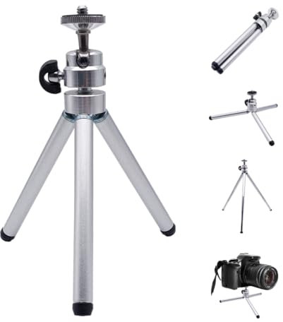 BullTek - Mini Cavalletto Treppiede da Tavolo | Altezza Regolabile 7/14/26 cm | Rotazione 360° | Compatibile con Fotocamere e Smartphone | Compatto e Pieghevole, Argento, Metallo