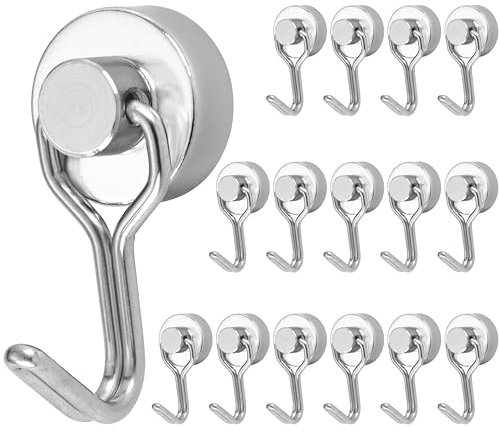 POPPSTAR Magnethaken extra stark drehbar 16 Stück (8 kg Haftkraft, Länge 3,3 cm, Durchmesser 1,6 cm) Neodym Magnethalter, silbern