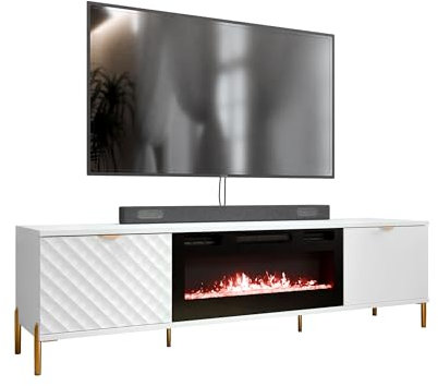 Mirjan24 TV Lowboard Lemiros 2D EF mit Elektrischem Kamin, Fernsehschrank, Fernsehtisch, Unterschrank, Realistische LED-Flamme, Mit Deko-Kristallen, Board, Schrank, TV-Bank (Weiß)
