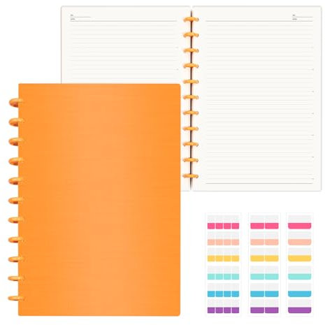 MOSA BEAR Discbound Notebook, 8-Disc Disbound Planner with Removable Pages, 180 Pages Spiral Notebook, Poly Cover Discbound Planner for Work, Travel, Note Taking(With Index Sticker),Orange,A4