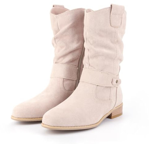 Stivali invernali da donna con fibbia, tacco basso, in pelle scamosciata, stivali da donna con tacco spesso, Beige, 39.5 EU