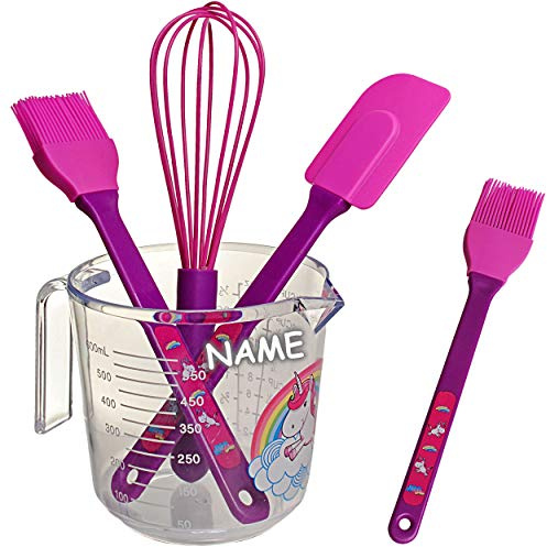 alles-meine.de GmbH 4 TLG. großes Backset/Kinderküche - inkl. Name - Einhorn - Schneebesen - Backpinsel - Teigschaber - Messbecher - BPA frei - Silikon - Plätzchen - Plätzchens..