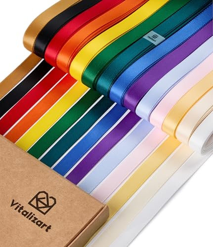 Vitalizart 0,95cm x 64 m Satinband 14 Dunkle Farben, Doppelseitige Geschenkband für Geschenkverpackungen & Basteln, Seidiges Bänder für Blumenstrauß & Dekoration, Dünnes Satinband mit Aufbewahrungsbox
