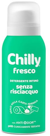 Chilly Senza Risciacquo, Detergente Intimo Senza Risciacquo Fresco, Da usare sulla Carta Igienica, Formula in Mousse a pH5, Arricchito con mentolo naturale, Con Anti-Odor, Clinicamente Testato - 100ml