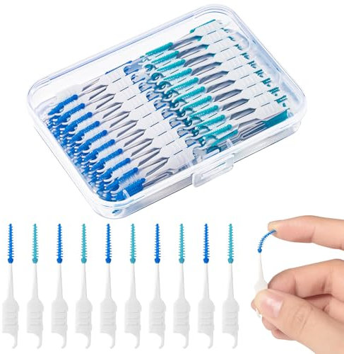 RAYITO 250 Pieces Interdental Brushes, Silicone Dental Brushes 2-in-1 Blue Tooth Floss Picks Teeth Floss Sticks Dental Toothpicks Cleaning Tool for Braces Oral Cleaning(Blue, Green)