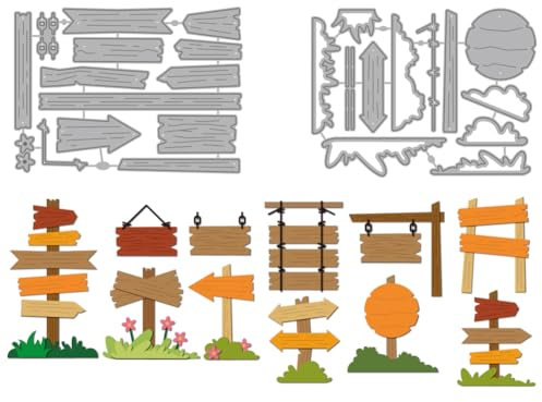 MAYJOYDIY Metall Stanzformen mit Straßenschilder Aus Holz Stanzschablonen Hängende Beschilderung Prägeschablonen Dekorative Cutting Dies für Die Kartengestaltung Geschenk Dekor