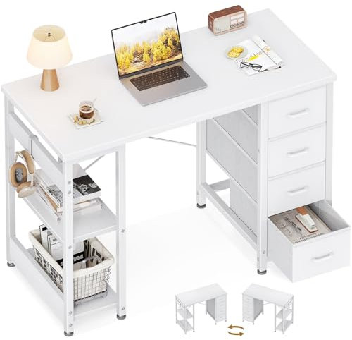 Coleshome Kleiner Schreibtisch mit 4 Schubladen, 100x40cm Schreibtisch mit Stauraum, Umkehrbarer Computertisch mit Regalen PC Tisch für Büro Arbeitszimmer Schlafzimmer, Weiß