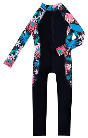IMEKIS One Piece Swimsuit for Kid Girls Long Sleeve Floral Print Zipper Swimwear UPF 50+ Rash Guard Modest Full Body Surfing Swimming Costume for Water Sports