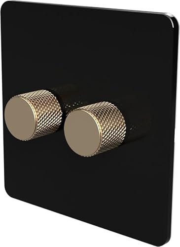 Flat Trailing Edge 2 Way LED Dimmer Switch Rotary Push On/Off for Dimmable LED and Halogen Lights - Black/Brass 2-Gang