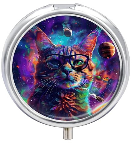 Boîte à pilules ronde et mignonne en forme de chat portant des lunettes - Organisateur de comprimés de vitamines pour sac à main