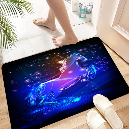HKPOEQ Tapis Salle de Bain Antiderapant,Extra Doux,Lavable en Machine,Absorbant l'eau de Bain,Tapis de Chambre,Art équestre, Silhouette de Cheval Bleu Vibrant sur Fond Noir entouré de Lumi,60x100 cm