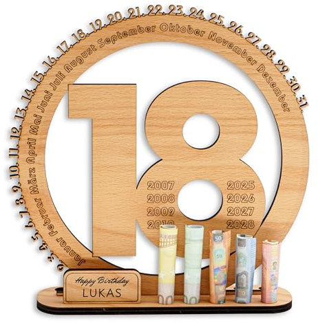 DARO Design - 18 Geburtstag Geschenk Frauen & Männer - Geldgeschenke Geburtstag 18 mit Ständer - Holz-Schild Gästebuch - 18 Geburtstag Deko - Personalisierbares Geschenk