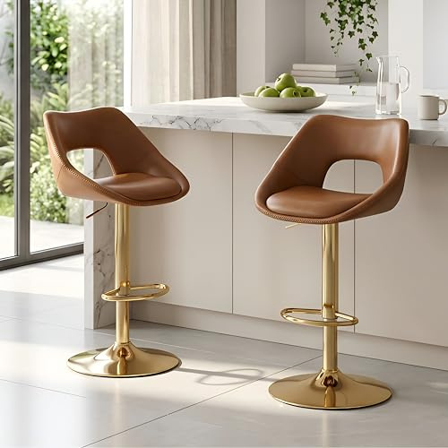 Ya-Home Barhocker 2er Set, Barstühle höhenverstellbar, Küchenhocker 360° drehbar, Tresenhocker mit Rückenlehne, goldene Fußstütze, Kunstleder, Braun