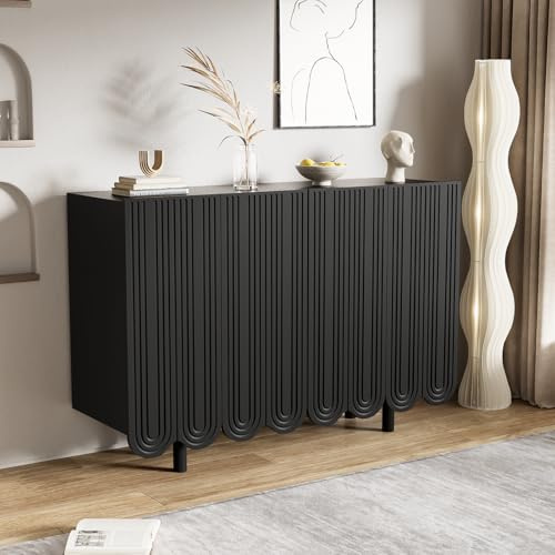 OLIVIBED Sideboard mit 4 Türen, Wohnzimmerschrank mit Partition, Modernes Welliger Highboard für Küchen, Wohnzimmer und Schlafzimmer, 120x37.5x80.8 cm, Schwarz