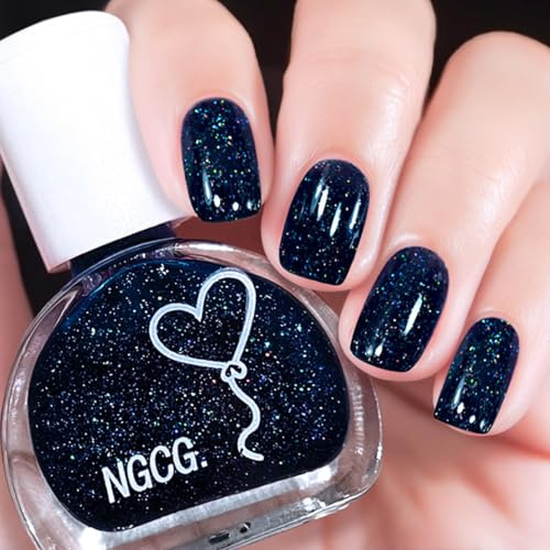 Glitter Dark Blue Nail Varnish,Long Lasting Quick Drying & Chip Resistant Jelly Shimmer Holographic Nail Polish High Glossy for DIY Salon Manicure at Home, No Need UV(10ML)