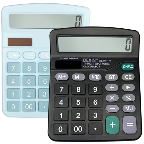 Calcolatrice da Tavolo 2 Pezzi, Display LCD 12 Cifre, Doppia Alimentazione (Solare e Batteria), Pulsanti Grandi e Sensibili, per Ufficio, Casa e Scuola - Nero & Azzurro Cielo