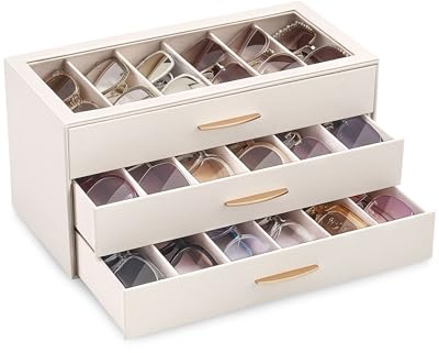 Lolalet Sonnenbrillen Aufbewahrung, Brillenkoffer mit transparentem Glasdeckel Display, Brillenbox Sunglasses Organizer für die Aufbewahrung mehrerer Brillen Schmuck Uhren