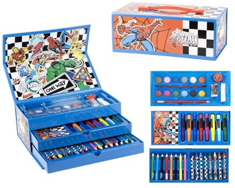Kinder Malkoffer, 68-teilig, Paw Patrol, Gabby's Dollhouse, Spiderman, Eiskönigin, Stitch, Hello Kitty, Malset mit Buntstifte, Filzstifte, Wasserfarben, Geschenk für Jungen & Mädchen (Dunkelblau)