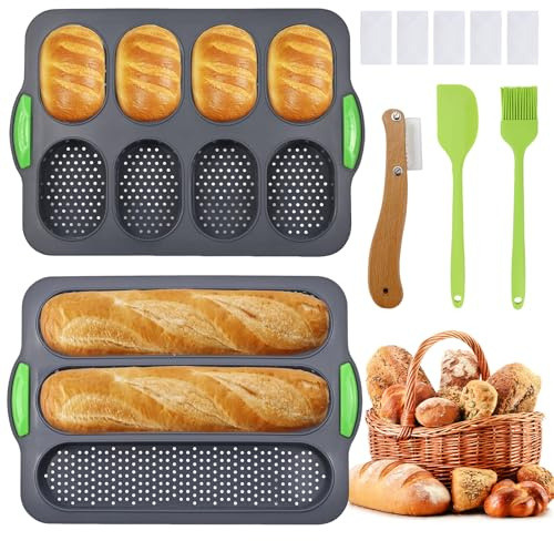 WPPQWP Silikon Baguette Backform & Brötchen Backform Set – 2-teiliges Antihaft-Backblech inkl. Spachtel, Pinsel & Bäckermesser
