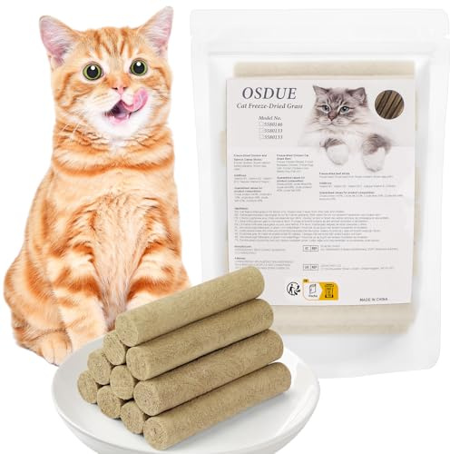 OSDUE Cat Grass Teething Stick, 100g Freeze Dried Chicken Salmon Cat Treat, Natural Healthy Snack, Natural Oral Cleaning for Increase Appetite, Hairball Removal, Grain Free