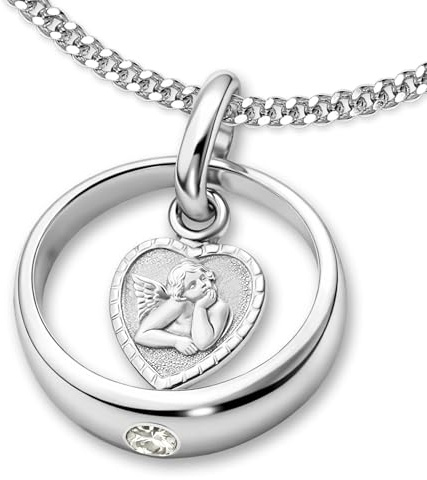 CLEVER SCHMUCK Taufkette Silber Ø 12 mm + Zirkonia weiß mit Schutzengel herzförmig + Panzerkette 34 cm 925 STERLING Taufgeschenk im Etui