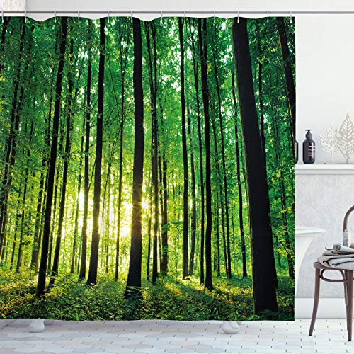 ABAKUHAUS Wald Duschvorhang, Grüner Wald Sonnenaufgang, Stoffliches Gewebe Badezimmerdekorationsset mit Haken, 175 x 220 cm, Schwarz Grün Gelb