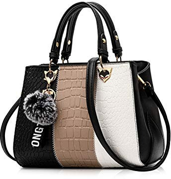 NICOLE & DORIS Damen Handtasche Umhängetasche Henkeltasche Kuriertasche Elegant Damen Handtaschen mit Kaninchen Pelz Kugel Plüsch Schlüsselring Schwarz 1