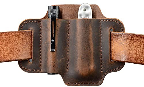 EDC Werkzeugtasche aus Leder für Messer und Gürtel, kleine Werkzeuge, passend die meisten 8,9-10,2 cm Victorinox Messer, 1,5 breite Taschenlampen, Holster, Gear Carrier, hochwertiges Kastanie