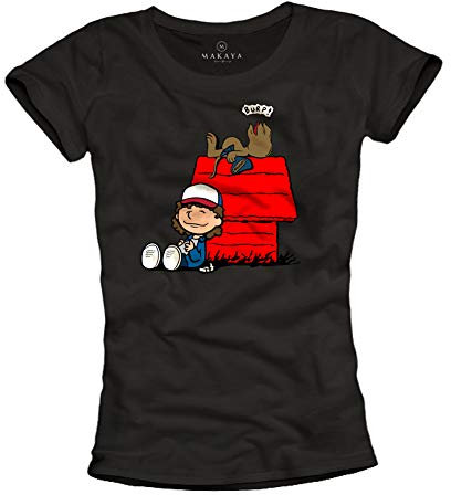 MAKAYA Stranger Damen Shirt - Dustin und Demodog - Kurzarm Rundhals Top für Frauen Schwarz mit Aufdruck Größe XL