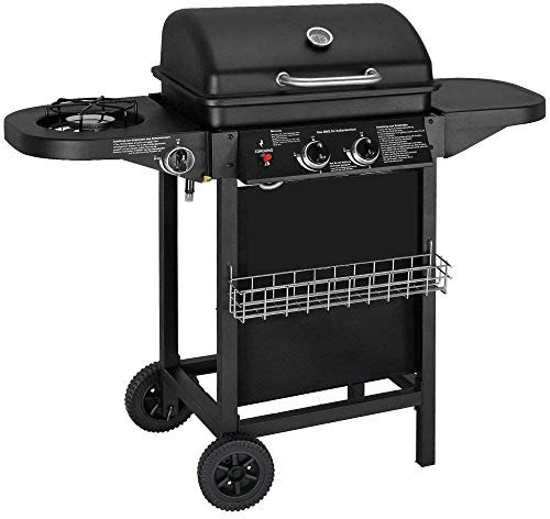 Barbacoa a gas con 2 quemadores de gas compactos, quemador lateral, rejilla barbacoa,mesas laterales y carro de acero, 8,7 kW de potencia