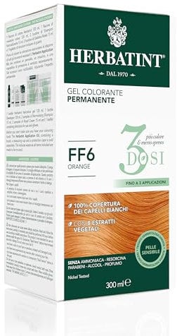 Herbatint Gel colorante permanente, 3 dosis, 300 ml – FF6 Orange, sin amoniaco, para pieles sensibles, 100% cobertura para cabellos blancos, con 8 extractos naturales ecológicos
