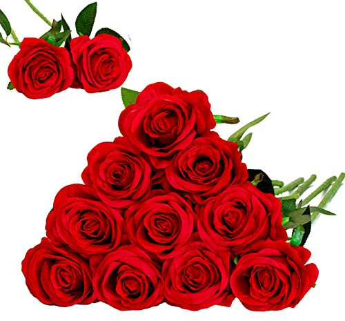Floralsecret 12 Pezzi Fiori Artificiali Seta Rose Bouquet Fiori Finti a Casa, Matrimonio, Decorazioni per Feste(Rosso)