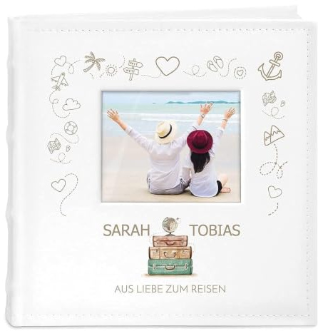 Maverton Einsteckalbum + mit Aufdruck - für 200 Fotos 10x15-100 weiße Seiten - Größe 21x22cm - Weiß - Geschenk für Paare - Hochzeitsgeschenk - Hochzeitstaggeschenke - Weltenbummler