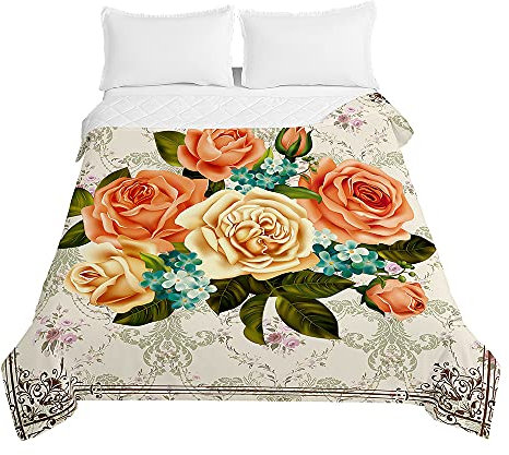 Surwin Tagesdecke Bettüberwurf Steppdecke für Doppelbett Einzelbett, Mikrofaser Wattiert Gesteppt Bettdecke 3D Rose Druck Dünne Tagesdecken mit Ultraschall Prägung (Champagner Gold,150x200cm)
