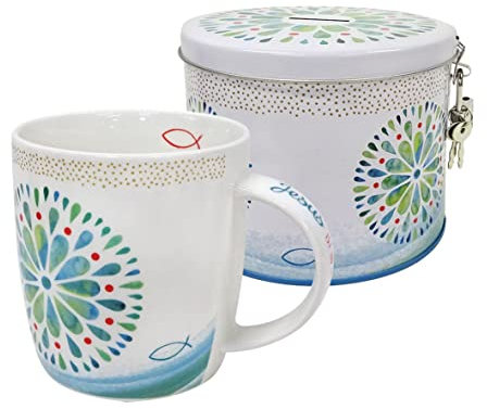 1x Tasse in Spardose/Geschenke für Kommunion/Gebetswürfel/Buch/Kreuz