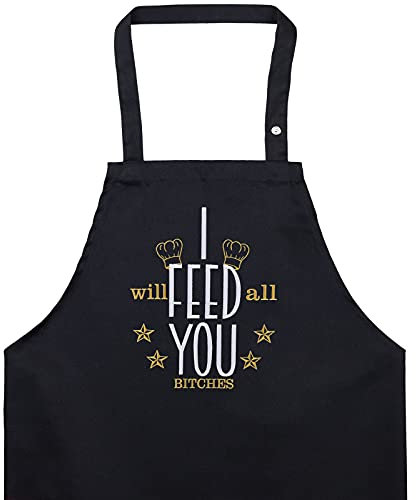 EXPRESS-STICKEREI Lustige Kochschürze mit Spruch: I feed You - BESTICKTE Schürze zum backen - Größe Verstellbar mit Tasche für Frauen & Männer Grillschürze mit lustigem Spruch für Party BBQ