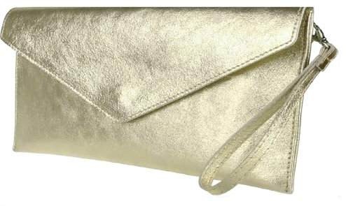 LeahWard Genuine Italian Suede Leather Envelope Clutch Bags Wrist Strap and Chain Strap Included Party Wedding Purse Handbag Cross Body Bag (Gold Leather Clutch Bag)