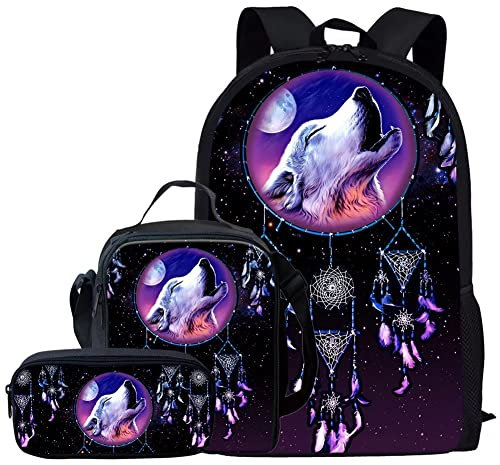 KUIFORTI Rucksack-Set, 3-in-1, Schultasche, Lunch-Tasche, Federmäppchen, Geschenk für Teenager, Jungen, Mädchen, Traumfänger, Wolf-Aufdruck, Einheitsgröße, Schulrucksack