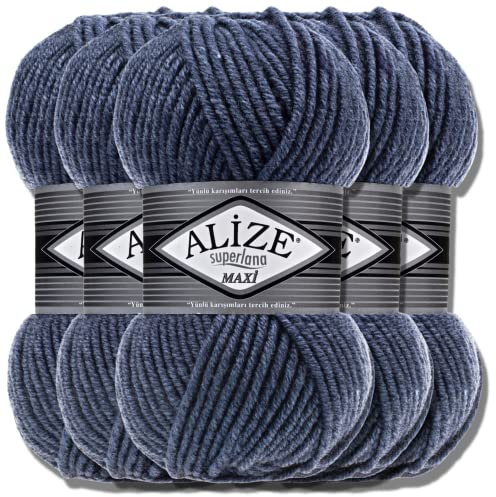 Alize 5 x 100g Superlana Maxi Türkische Premium Wolle Baumwolle und Acryl Uni Handstrickgarne | Yarn | Garn | Strickgarn Einfarbig Baby zum Häkeln Stricken Kleidung Schals (Denim Melange | 203)