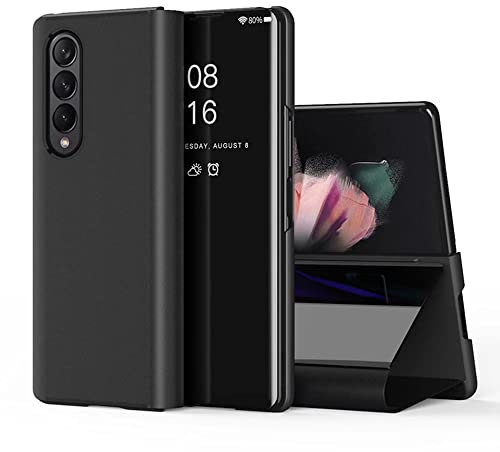RanTuo Cover per Samsung Galaxy Z Fold 4, Specchio Traslucido Ultrasottile + Custodia Smart Flip Pelle PU, Con Staffa, Custodia per Samsung Galaxy Z Fold 4.(Nero)