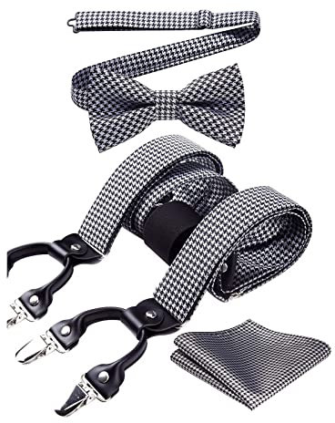 HISDERN Hosenträger Herren Hahnentritt Fliege Hosenträger und Einstecktuch Herren Set 3.5CM Breit Klassische Verstellbar Y Form Elastisch Mit 6 Extra Stark Clips Hochzeit Braces
