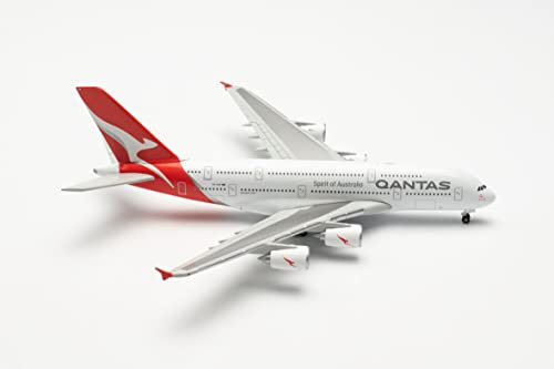 herpa Modellflugzeug Airbus A380 Qantas - Hudson FYSH” Maßstab 1:500 - Modellbau Flugzeug, Flugzeugmodell für Sammler, Miniatur Deko, Miniaturmodell, Flieger ohne Standfuß aus Metall