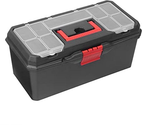 Jazooli 16 Heavy Duty Plastic Tool Box - Multiple Compartment Toolbox Organiser with Removable Tote Tray - Tool Chest Storage Box, 7 Compartment Box for Screws, Nails, Hand Tools