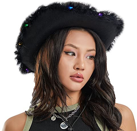 Qtinghua Cowboyhut für Damen, flauschiger Federbesatz, Halloween-Kostüm, Cowgirl-Hut für Cosplay, Kostümparty, Rollenspiel, Geburtstagsparty, Schwarz mit LED, Weiß, Rosa, Einheitsgröße