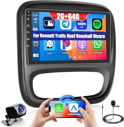 Hikity 2G 64G Android 13 inalámbrico Carplay Android Auto para Renault TRAFIC Opel Vauxhall VIVARO 2014-2019 9 Pulgadas Auto Radio con GPS Navi Bluetooth WiFi USB HiFi RDS FM Cámara Trasera