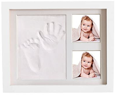 Buachois Holz Bilderrahmen Baby Handabdruck Fußabdruck Maker Kit, 3 Gitter Weißer Schlamm DIY Baby Fußabdruck Andenken Neugeborenen Abdruck Set Foto Bild Display Halter(Weiß)