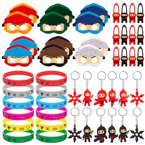 Mitgebsel Kindergeburtstag, Geburtstagsdeko Mitgebsel Geburtstag Deko 12 Masken 12 Silikon Armbänder 12 Schlüsselschnalle 12 Dehnbare Fliegende Spielzeug Warrior Themed Party für Jungen Kinder