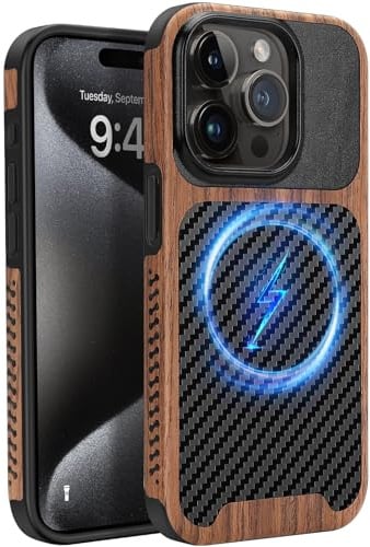 ZZDZZ Magnetisch Hülle für iPhone 15 Pro Max Hülle 6,7 (Schwarz) | ZZDZZ Hülle [Kompatibel mit MagSafe] Holz und Carbon Leder Design Handyhülle Stoßfest Schutzhülle
