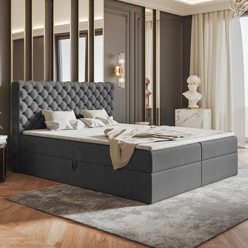 MOTIVENA Nero Chesterfield Boxspringbett 180x200 mit Bettkasten und Topper, Polsterbett 180x200 mit Bettkasten, Bonell-Matratze (H4), T28 Schaumstoff Topper (H3), Samt, Grau (Anthrazit)