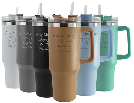 Personalised Engraved Thermal Tumbler, 40oz/1135ml Insulated Travel Cup, Large Brown Travel Coffee Mug, Customise with Any Message and Font, Stainless Steel, Straw and Handle